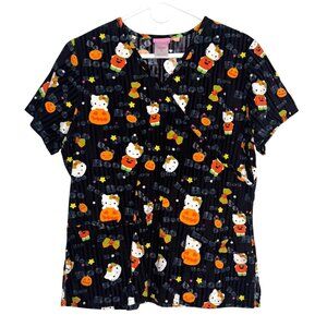 Hello Kitty Halloween Pumpkin Print Womens Scrub Top M 100% Cotton Black & Orang